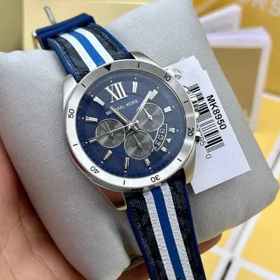 NEW AUTHENTIC MICHAEL KORS BRECKEN SILVER NAVY BLUE SILICONE MEN'S WATCH